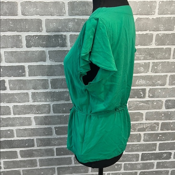 J. Crew Emerald Green Faux Wrap Peplum Blouse Size 10 Flutter Sleeve V-Neck - Picture 6 of 15